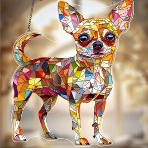 Mosaic Colored Chihuahua 2D Acrylic SunCatcher With Metal Chain 6.3x8"